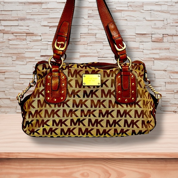 Michael Kors Signature Brown Tan Big Valley Satchel Shoulder Bag - Picture 1 of 2